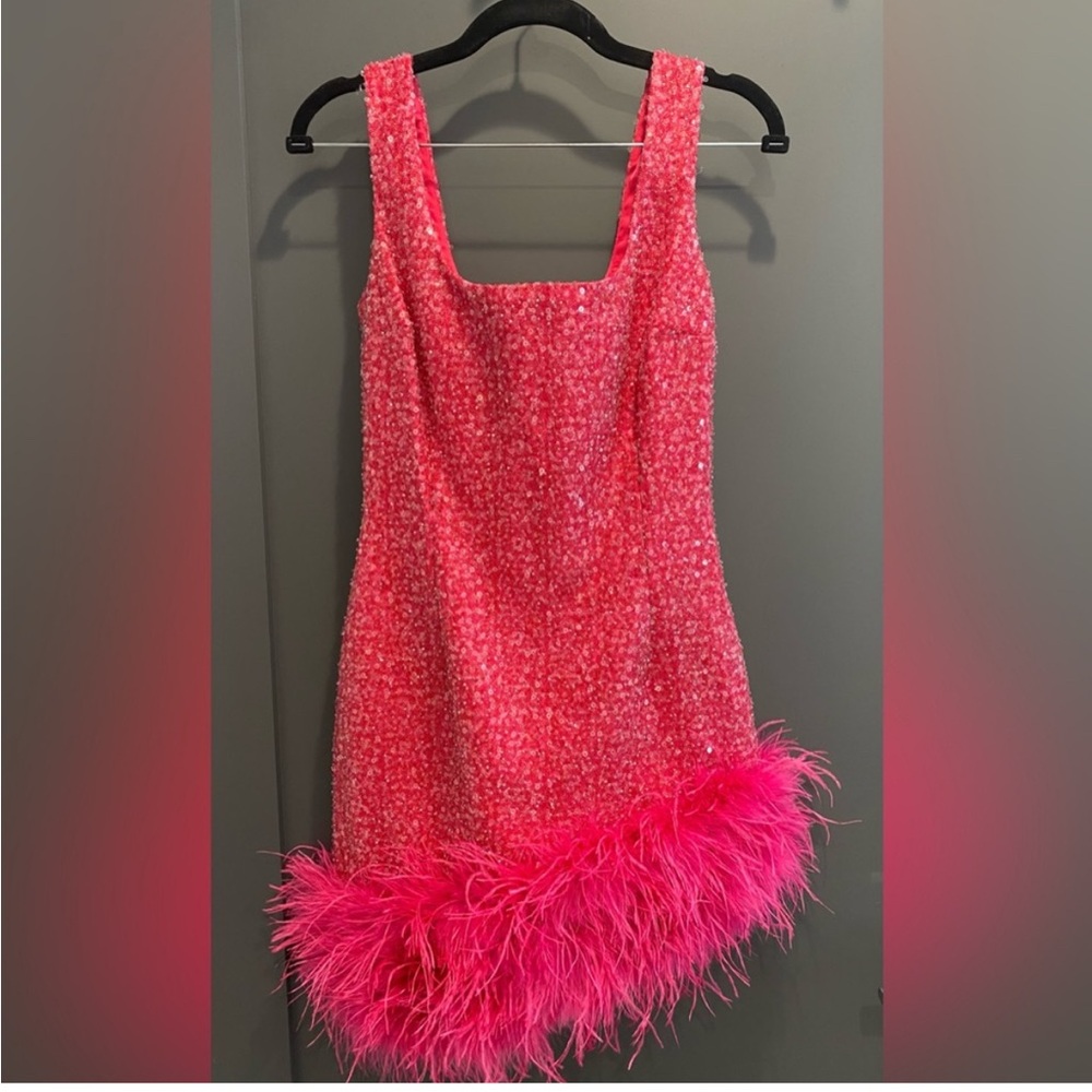 Nadine Merabi Evie beaded and feather hot pink dress